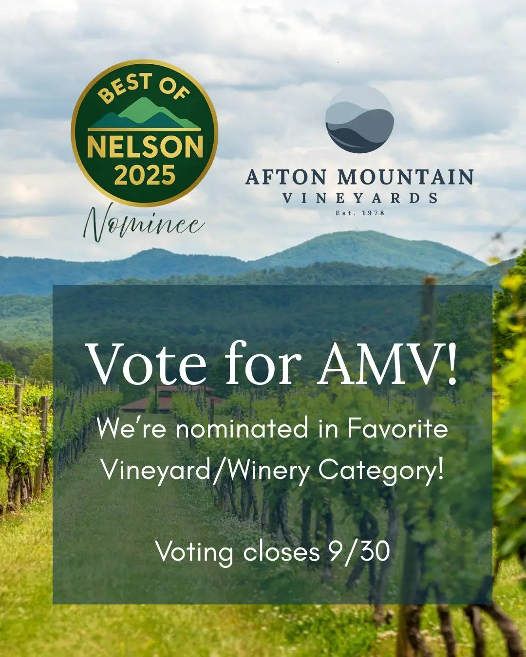 Afton Mountain Vineyards nominated Best of Nelson 2025 Favorite Winery – vote by Sept 30.