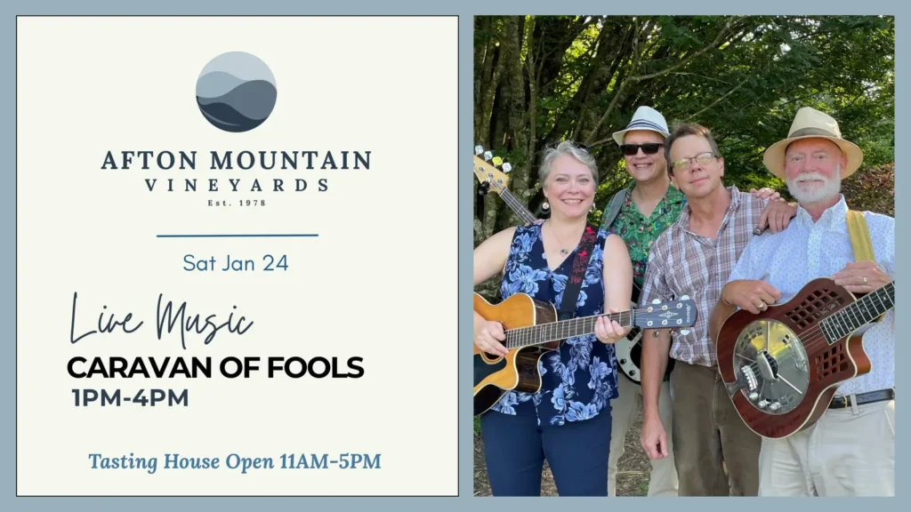 Live music event poster for Caravan of Fools at Afton Mountain Vineyards, featuring a four-member band holding guitars outdoors.