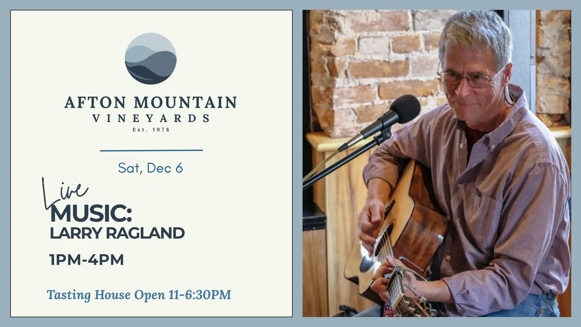 Afton Mountain Vineyards poster for live music featuring Larry Ragland on Saturday, December 6, from 1 PM to 4 PM.