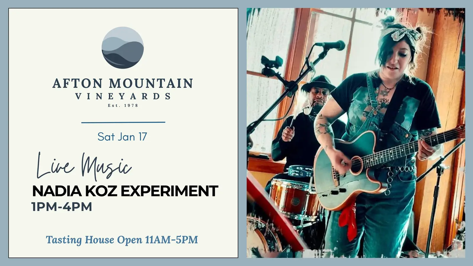 Event poster for Afton Mountain Vineyards featuring live music by Nadia Koz Experiment on Saturday, Jan 17, from 1 PM–4 PM.