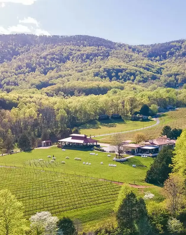 Aerial view of Afton Mountain Vineyards complex with rows of grapevines, a pavilion, and buildings against a backdrop of green, wooded mountains.