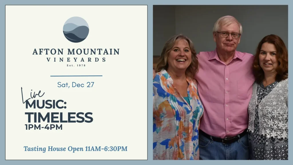 Afton Mountain Vineyards poster advertising live music with the group Timeless on Saturday, December 27, from 1 PM to 4 PM.