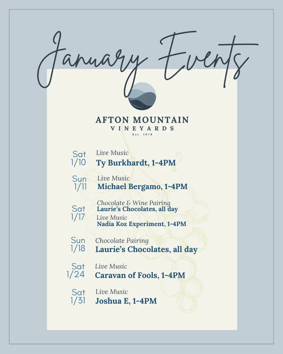 January Events poster for Afton Mountain Vineyards featuring live music dates and chocolate & wine pairings.
