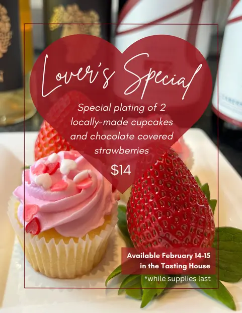 Promotional image for a $14 "Lover's Special" featuring a pink cupcake and chocolate-covered strawberries.