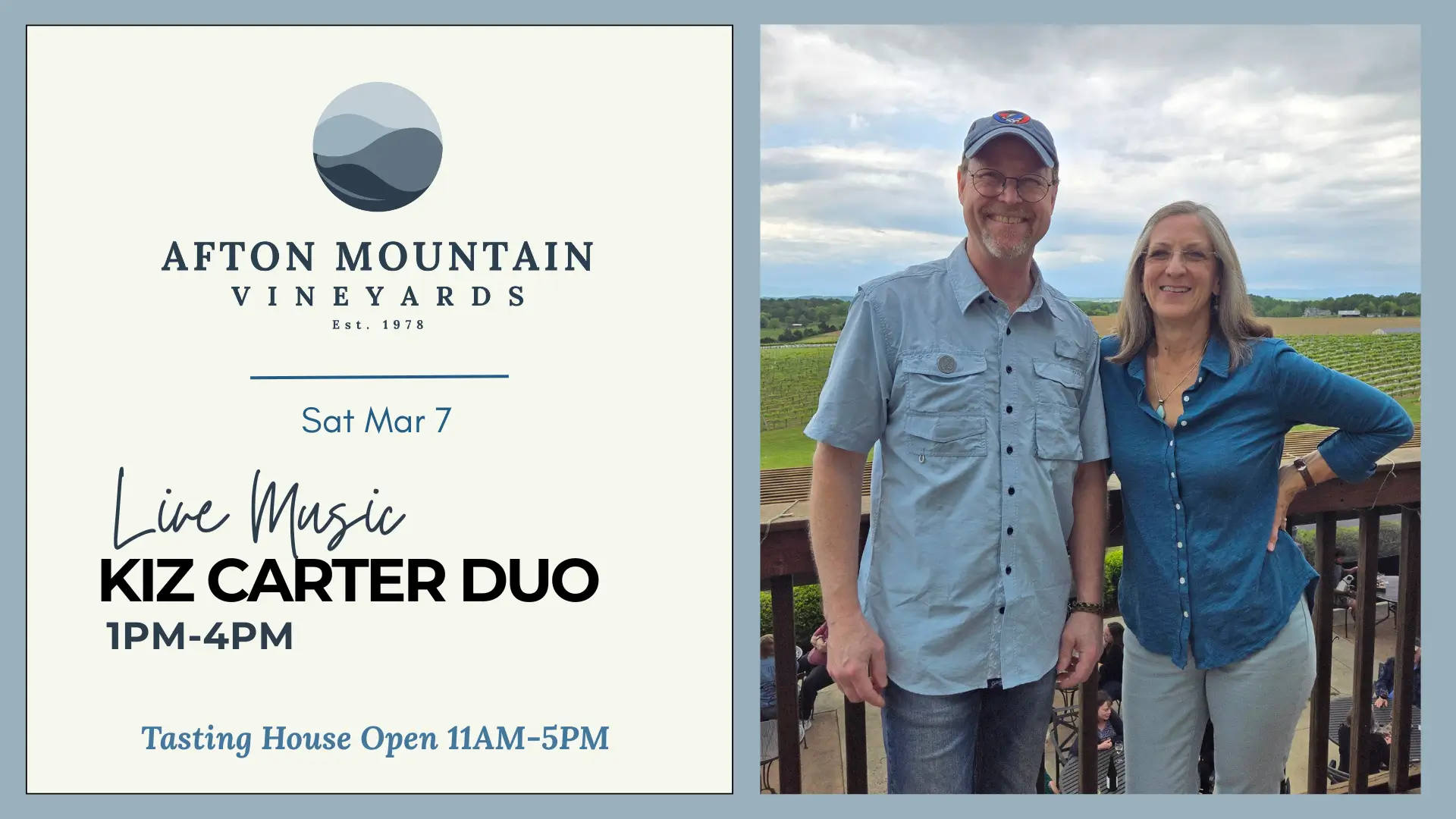 Event flyer for live music by Kiz Carter Duo at Afton Mountain Vineyards on Saturday, March 7, from 1 PM to 4 PM.