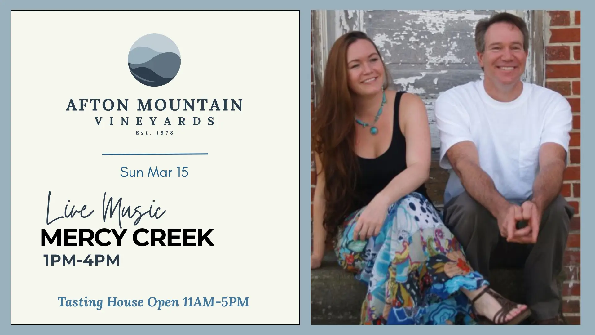 Event flyer for live music by Mercy Creek at Afton Mountain Vineyards on Sunday, March 15, from 1 PM to 4 PM.