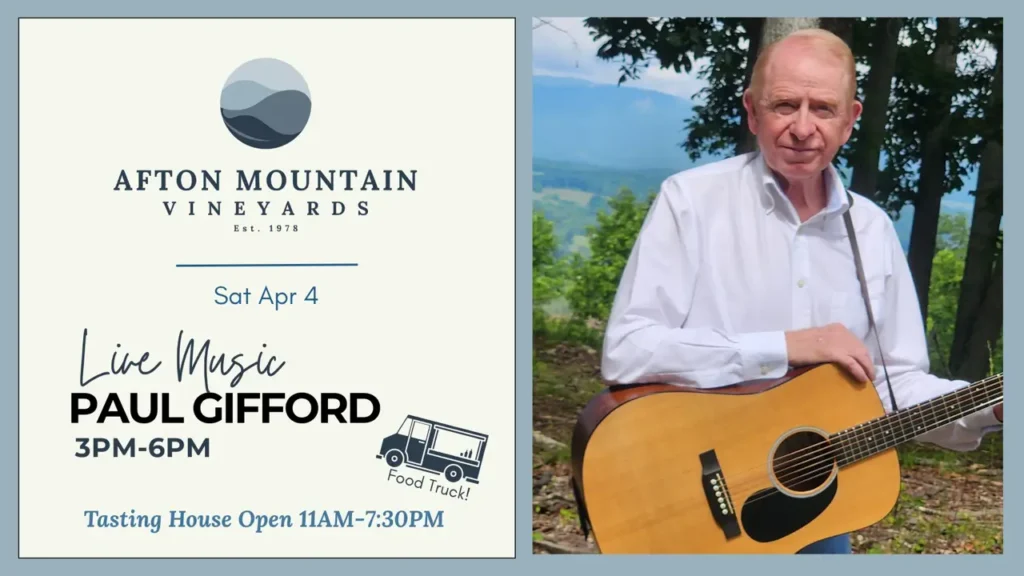 Event poster for live music with Paul Gifford at Afton Mountain Vineyards.