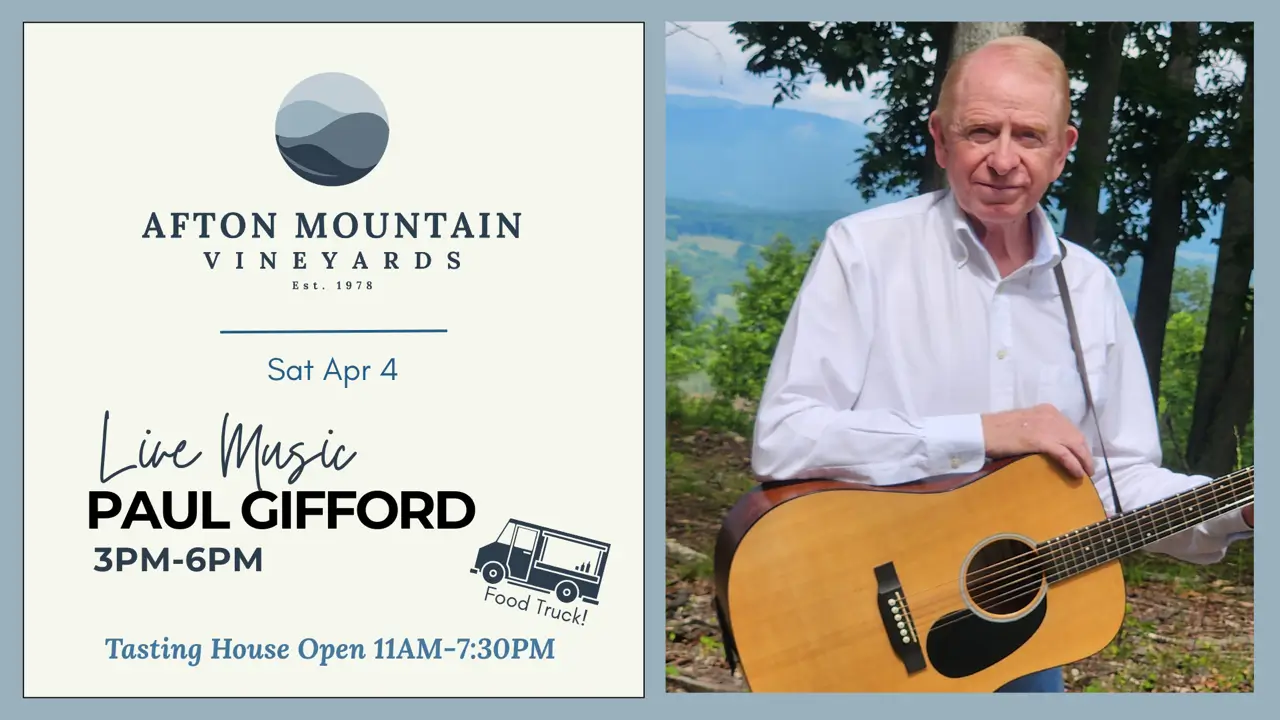 Event poster for live music with Paul Gifford at Afton Mountain Vineyards.