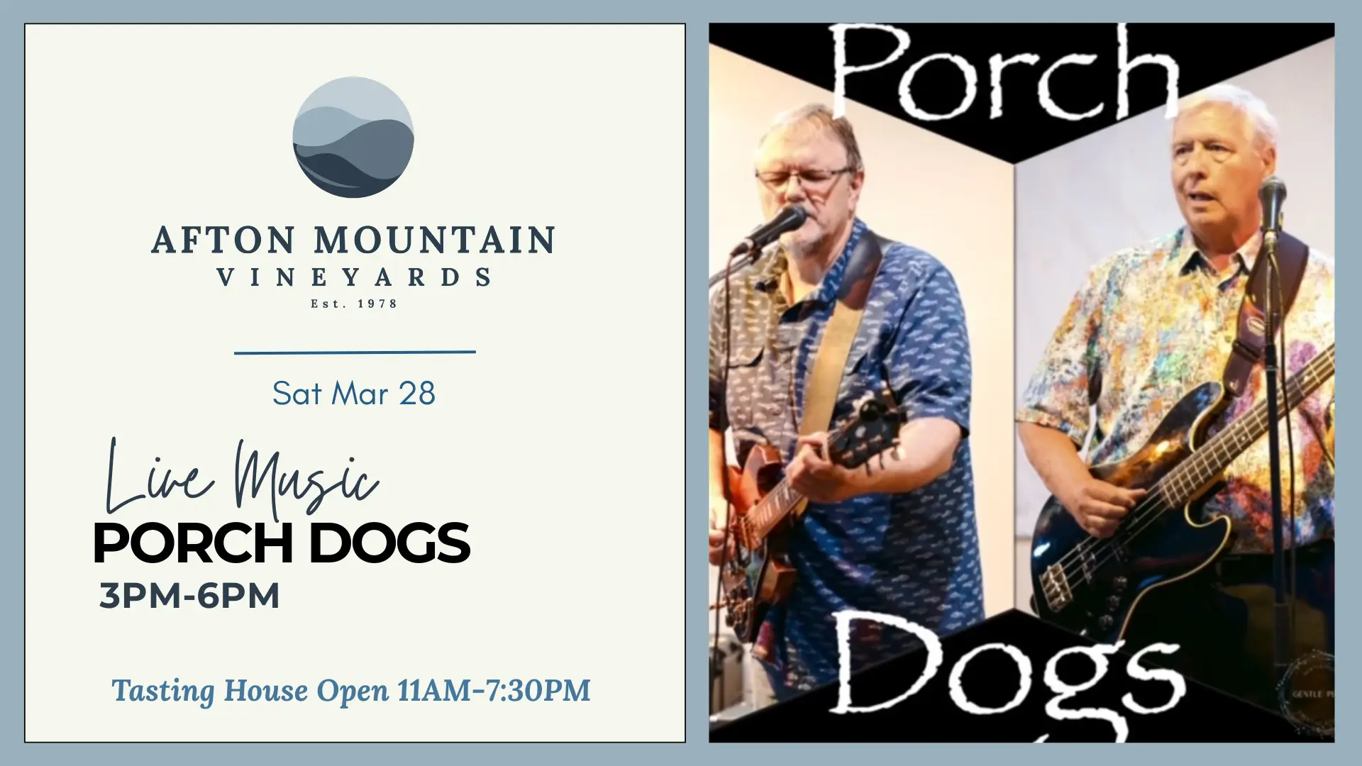 Event flyer for live music by Porch Dogs at Afton Mountain Vineyards on Saturday, March 28, from 3 PM to 6 PM.