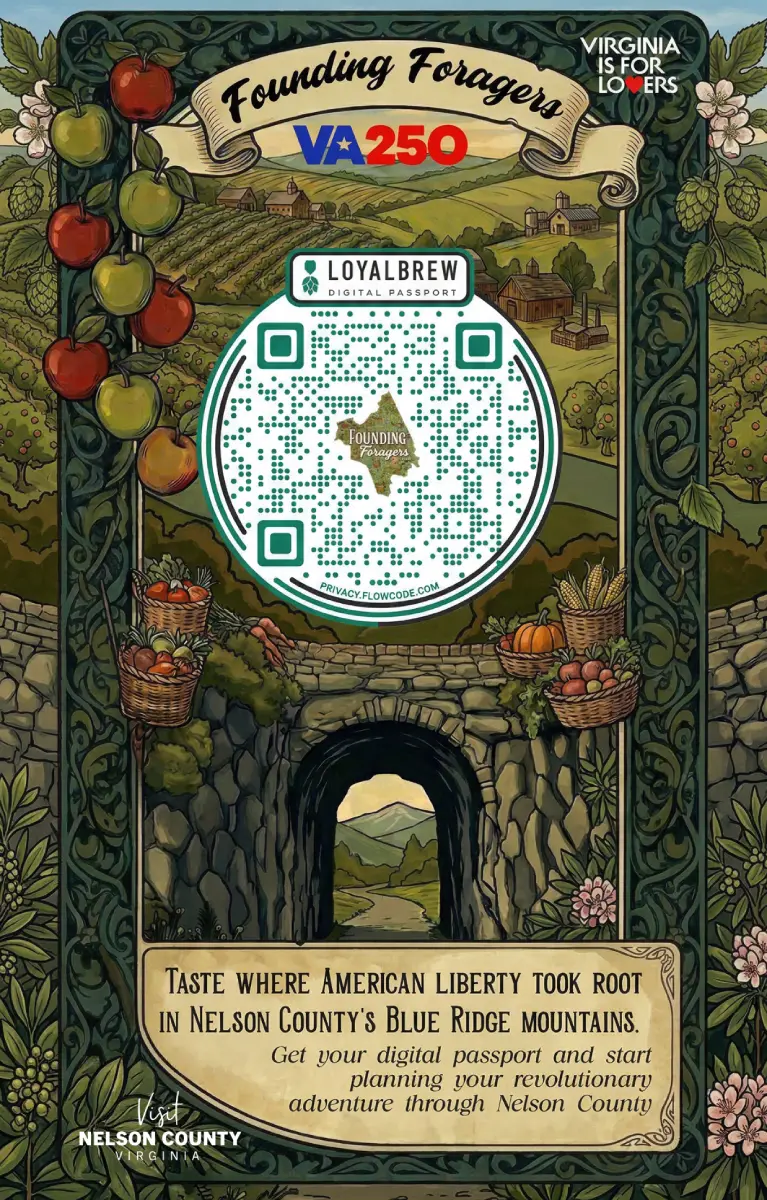 Illustrated Founding Foragers poster with QR code for Nelson County digital passport.