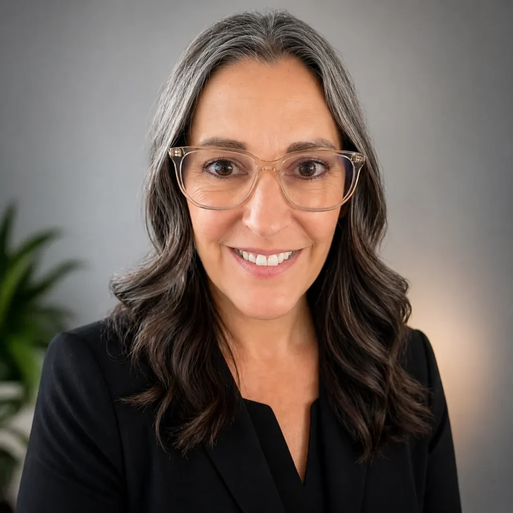Professional headshot of a woman with glasses smiling against a neutral background.