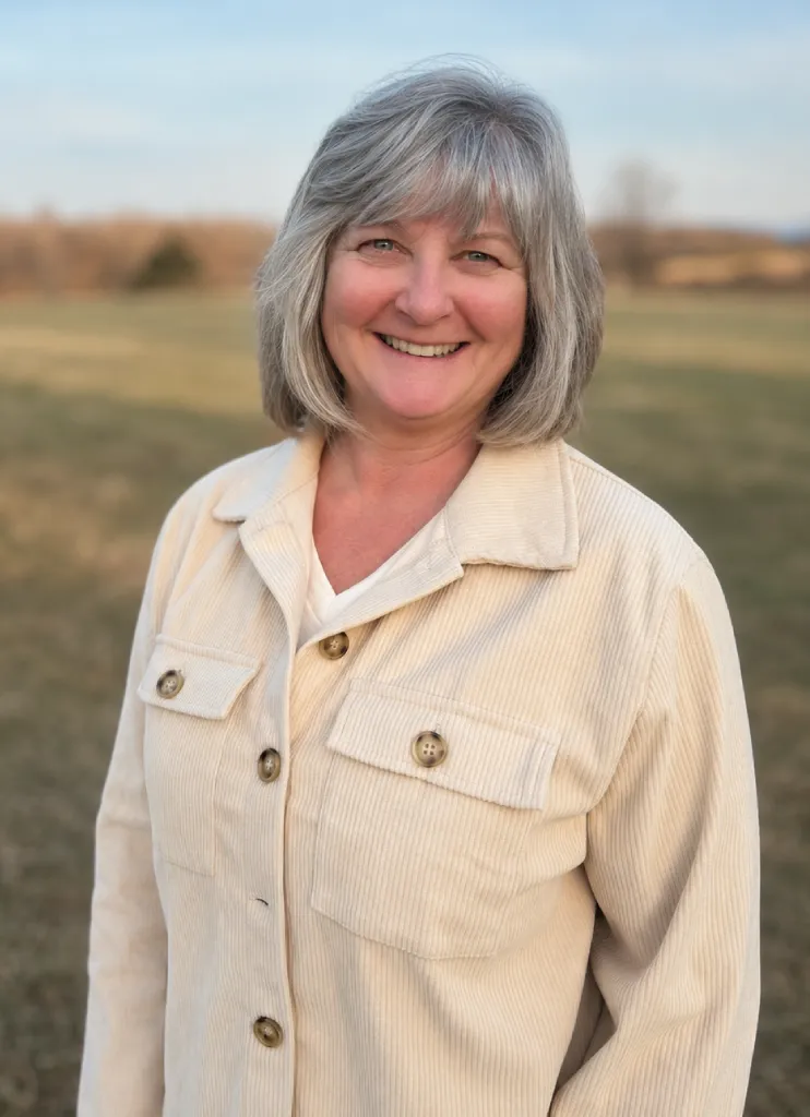 Smiling woman with short gray hair wearing a cream-colored jacket standing outdoors in an open field.