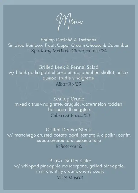 Five-course gourmet wine dinner menu featuring seafood, steak, dessert, and wine pairings at Afton Mountain Vineyards.