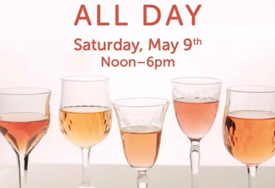 All-day wine tasting event on Saturday May 9 from noon to 6pm with assorted wine glasses.