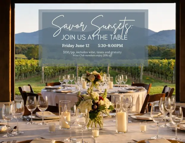 Afton Mountain Vineyards Savor Sunset gourmet wine dinner on June 12 with vineyard view dining setup.