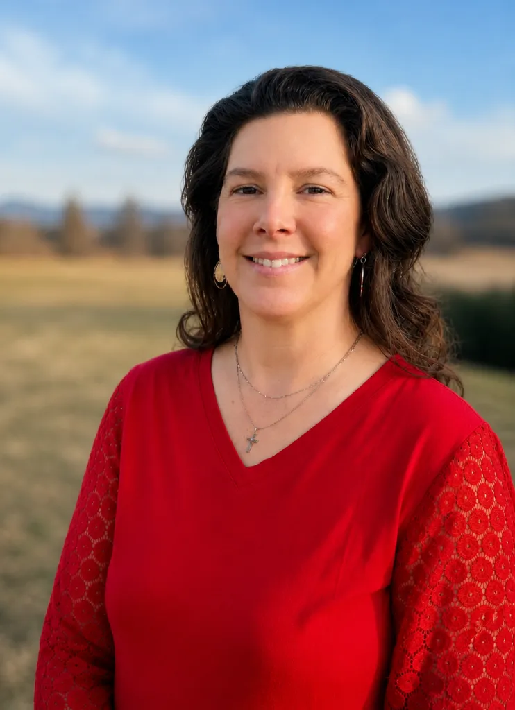 Smiling woman with dark curly hair wearing a red blouse standing outdoors in a grassy field.