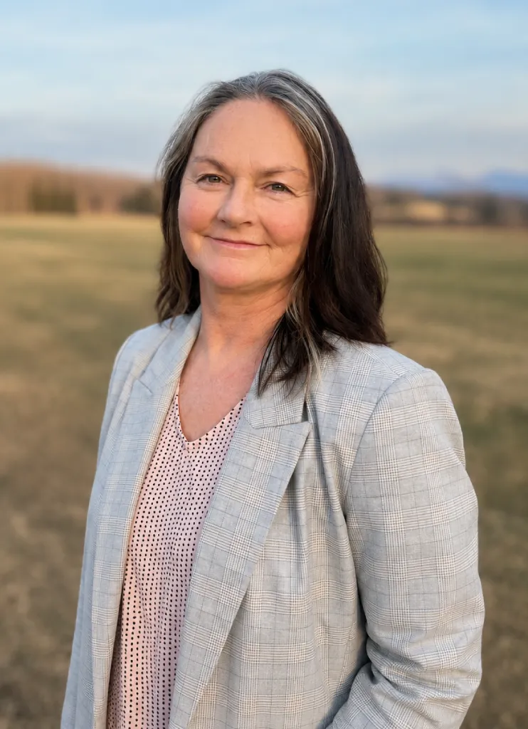 Woman with shoulder-length dark and gray hair wearing a light plaid blazer standing outdoors in an open field.