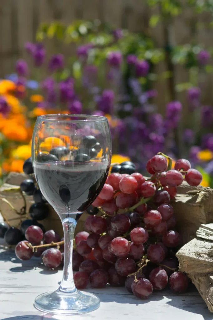 Glass of red wine with fresh grapes on a table in a sunny garden setting.