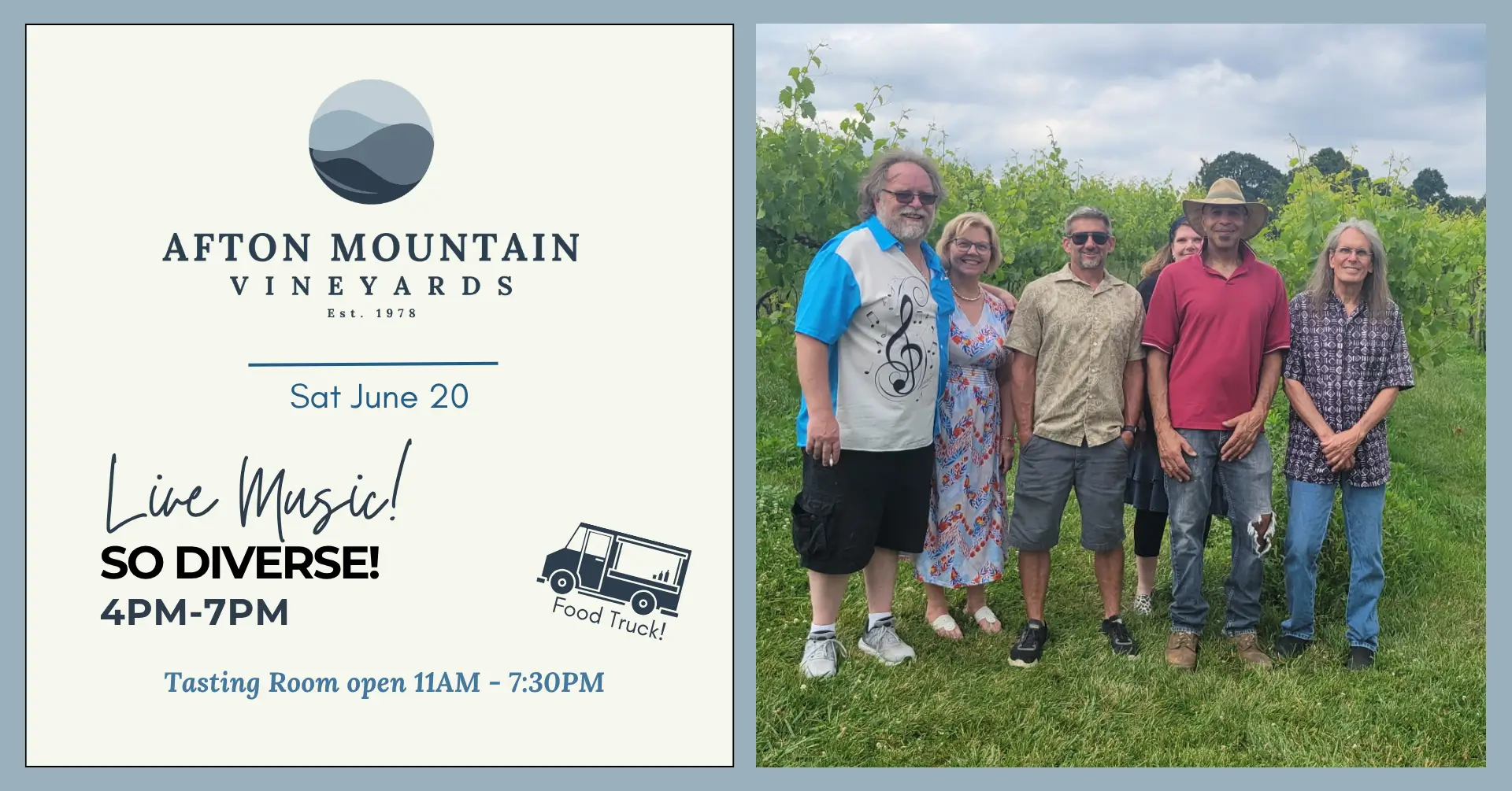 Afton Mountain Vineyards live music event featuring So Diverse on Saturday, June 20 from 4 PM to 7 PM. Food truck on site. Tasting room open 11 AM to 7:30 PM. Poster includes a group photo of the band standing outdoors in a vineyard.