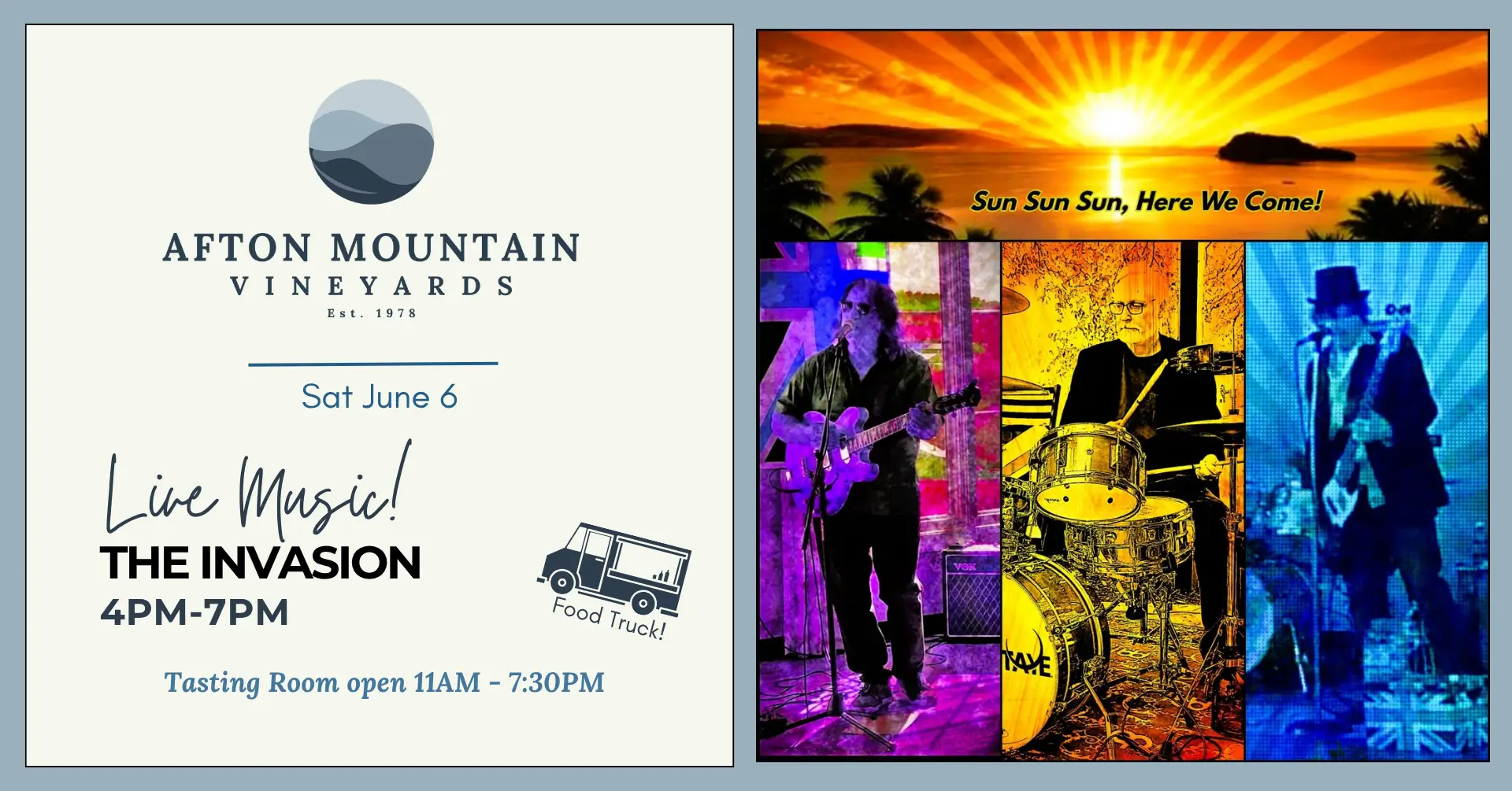 Afton Mountain Vineyards live music event featuring The Invasion on Saturday, June 6 from 4 PM to 7 PM. Food truck on site. Tasting room open 11 AM to 7:30 PM. Poster includes colorful band performance artwork with musicians playing guitar, drums, and bass.