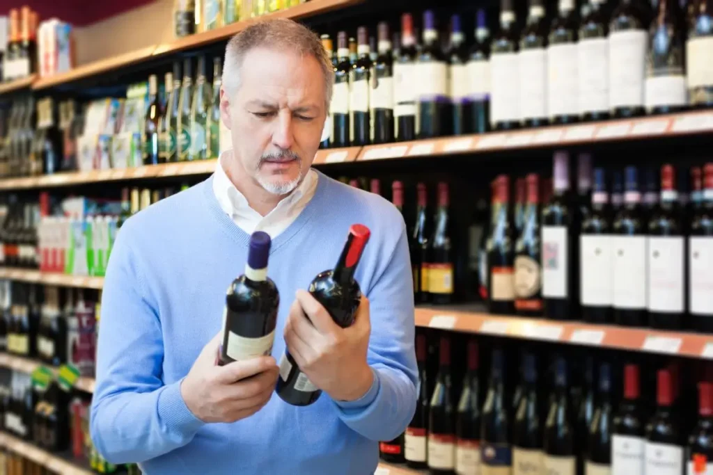 Man comparing two bottles of wine while shopping, illustrating how to read and compare wine labels before making a purchase.