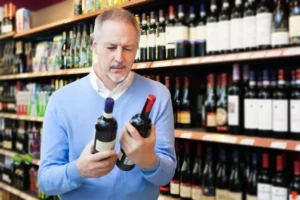 Man comparing two bottles of wine while shopping, illustrating how to read and compare wine labels before making a purchase.