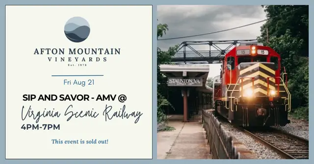 Afton Mountain Vineyards live music event featuring Virginia Scenic Railway performing from 4 PM to 7 PM with a food truck and tasting room open until 7:30 PM.