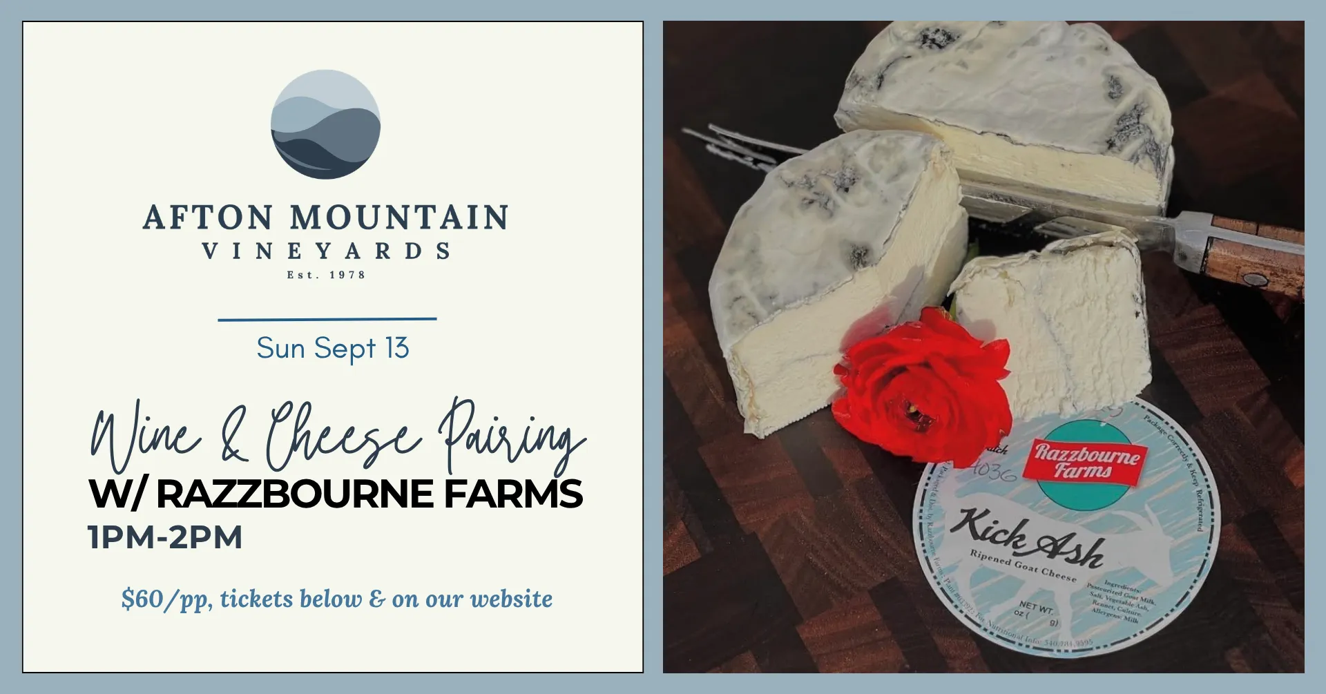 Afton Mountain Vineyards wine and cheese pairing featuring Razzbourne Farms goat cheese.