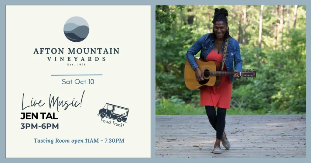 Jen Tal performing live with an acoustic guitar at Afton Mountain Vineyards on October 10 from 3–6 PM, with food trucks and the tasting room open from 11 AM to 7:30 PM.