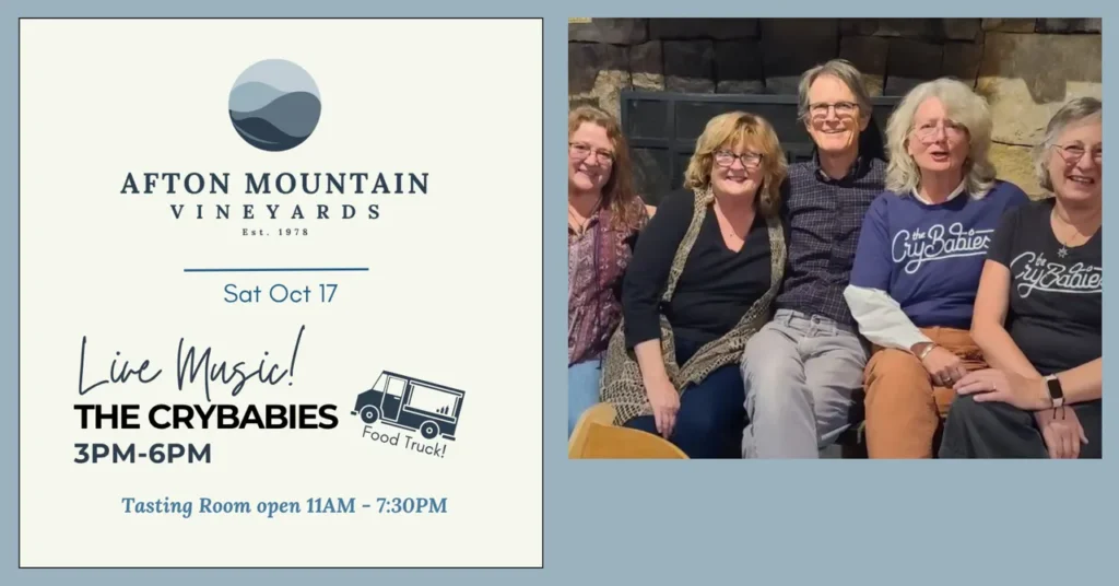The Crybabies performing live at Afton Mountain Vineyards on October 17 from 3–6 PM, with food trucks and the tasting room open from 11 AM to 7:30 PM.