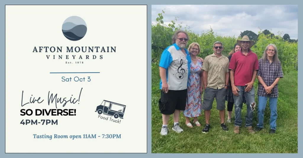 So Diverse performing live at Afton Mountain Vineyards on October 3 from 4–7 PM, with food trucks and the tasting room open from 11 AM to 7:30 PM.