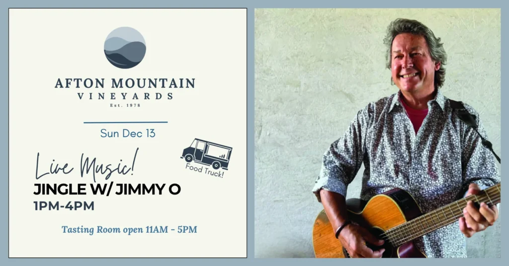 A promotional image for Afton Mountain Vineyards featuring details about a live music event called 